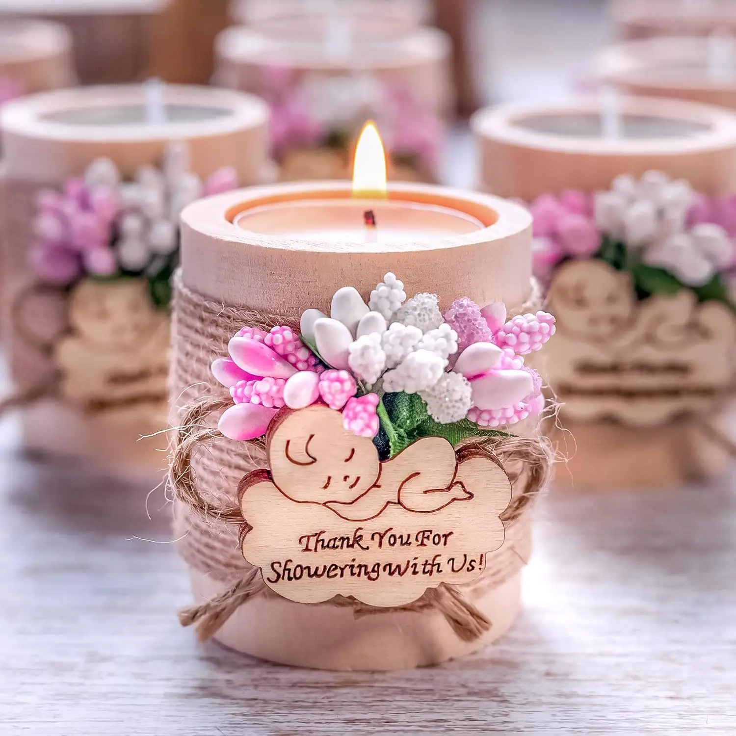 10-Piece Feminine Dark-Pink Wooden Round Flower Tea Light Candles Holder Set (1.9in Diameter) - Boxed Home Decor Supplies, Party Decor Favors for Baby Girls' Baby Shower