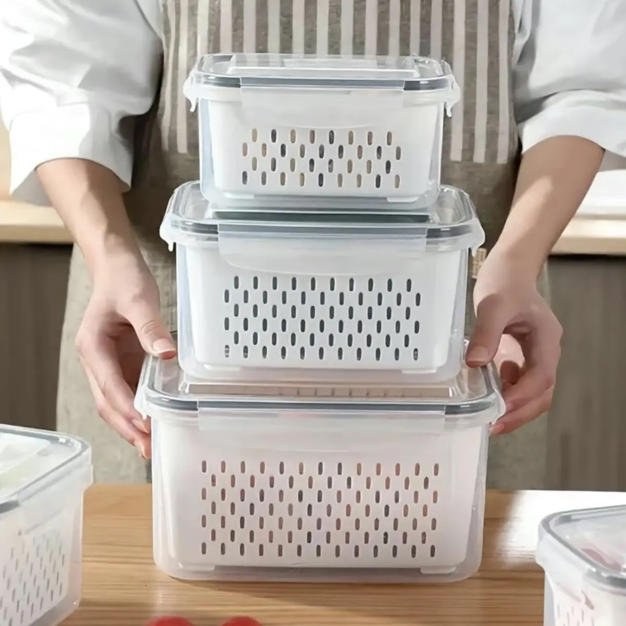 ZHOHO TANT 3-Pack Freezeable Rectangular Food Containers - Airtight, BPA-Free, Lidded, Stackable, Leakproof Bins with Removable Colanders, Deep Freezer Organizer for Farmhouse Kitchen Organization