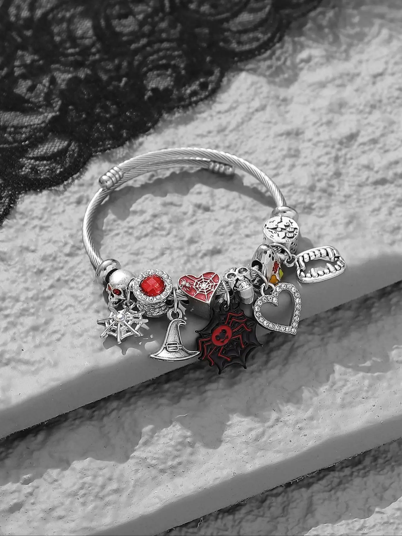 Creative Open Stainless Steel Trendy Bangle Bracelet, with Punk Spider & Rhinestone Decor Heart & Skull Head & Magic Hat Charm, Fashion Punk Jewelry for Women & Girls, Valentine's Day, Gift