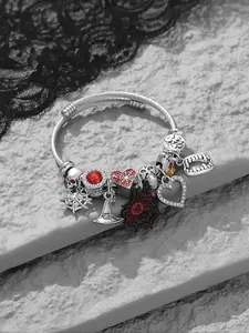 Creative Open Stainless Steel Trendy Bangle Bracelet, with Punk Spider & Rhinestone Decor Heart & Skull Head & Magic Hat Charm, Fashion Punk Jewelry for Women & Girls, Valentine's Day, Gift