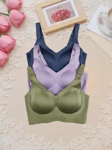 Women's Wireless Ribbed Bra Set, Comfortable Soft Breathable Fabric, Fitted Plain Design, All Seasons Wear, Daily & Sleepwear Use