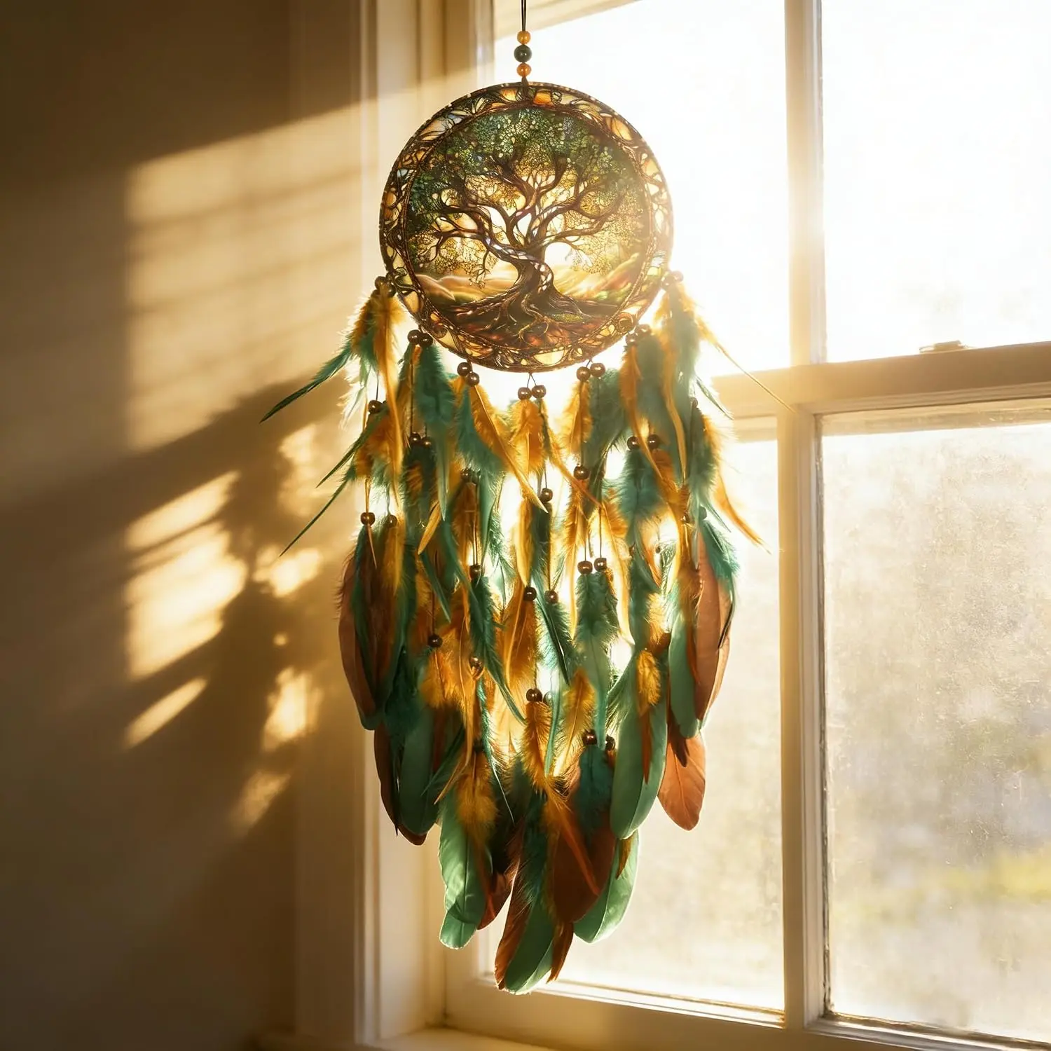 Tree of Life Dream Catcher Wall Hanging - Handmade Feather Room Decor | Natural Beads & Plumage, Bedroom or Living Room, Aesthetic Boho Vibes, Filters Nightmares, Spiritual Gift