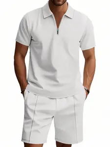 Men's Summer Plaid Knit Polo Set, Modern Quarter-Zip Short Sleeve Top & Pleated Shorts, Breathable Two-Piece Golf, No Iron Tech Fabric, Casual Matching Sets