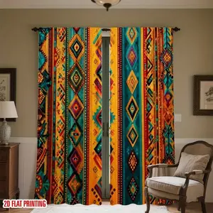 Vintage Geometric Colorful Pattern Print Curtains, 2 Piece Set Ethnic Style Design, Durable Polyester Fabric, for Living Room and Bedroom Home Decor