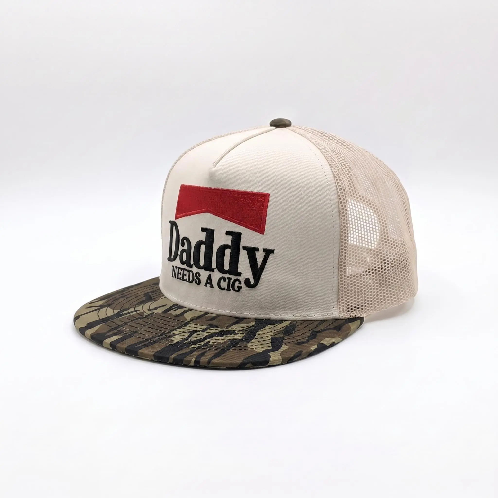 Embroidered "Daddy Needs A Cig" Trucker Hat - Unisex, Everyday Adjustable Snapback Baseball Cap for Men, Flat Bill