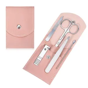 Travel Manicure Set 5 Pieces Nail Kit for Beginners with Everything Stainless Steel Mini Nail Clippers Scissor Tweezers Professional Grooming Kits for Women Men (Pink Silver)