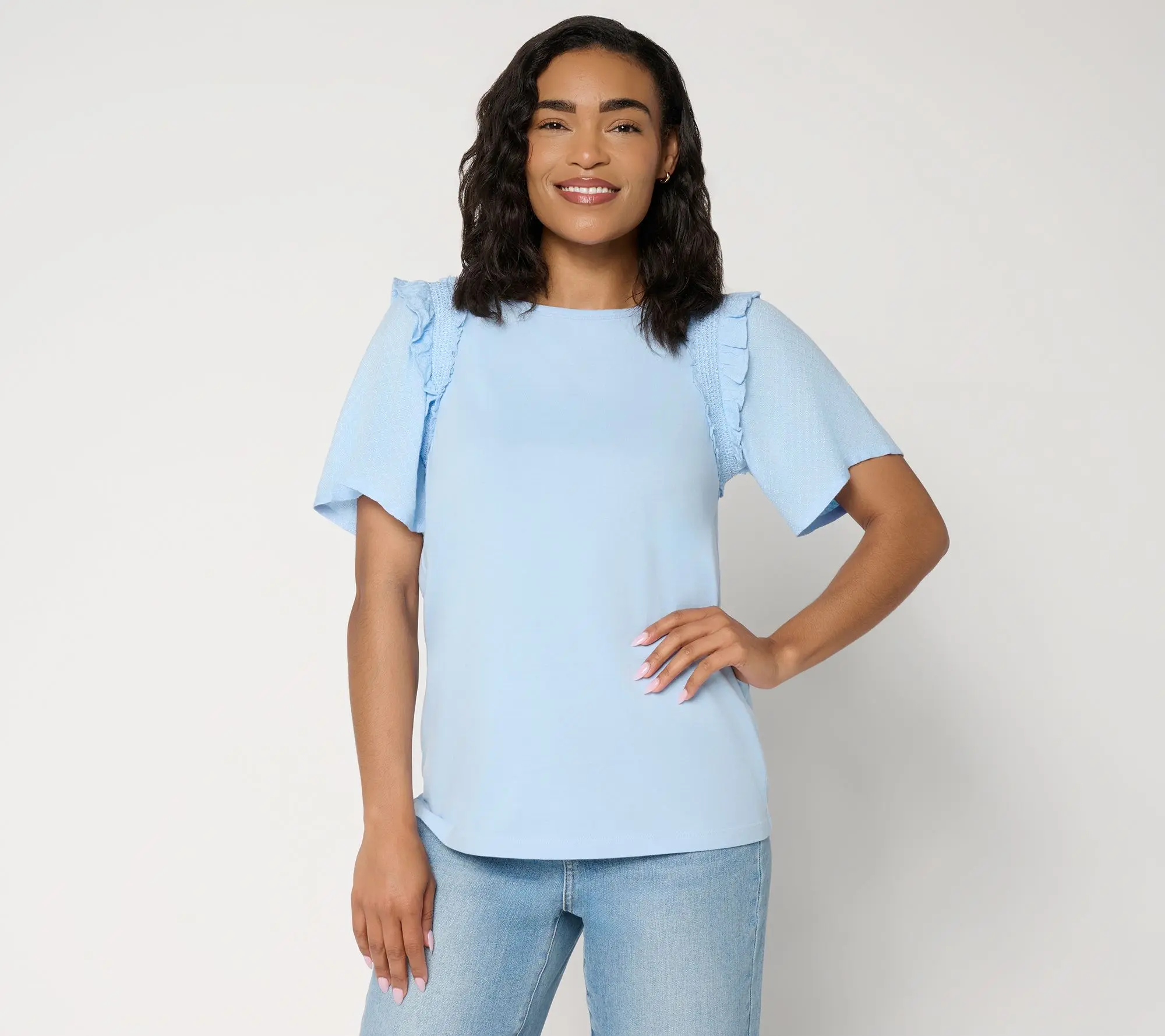 AnyBody Mixed Media Smocked Sleeve Top