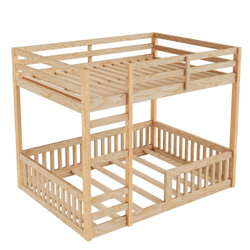 【Bellemave】Full over Full Wood Bunk Bed with Ladder and Guardrails, Natural(Expected Arrival Time: 7.3)