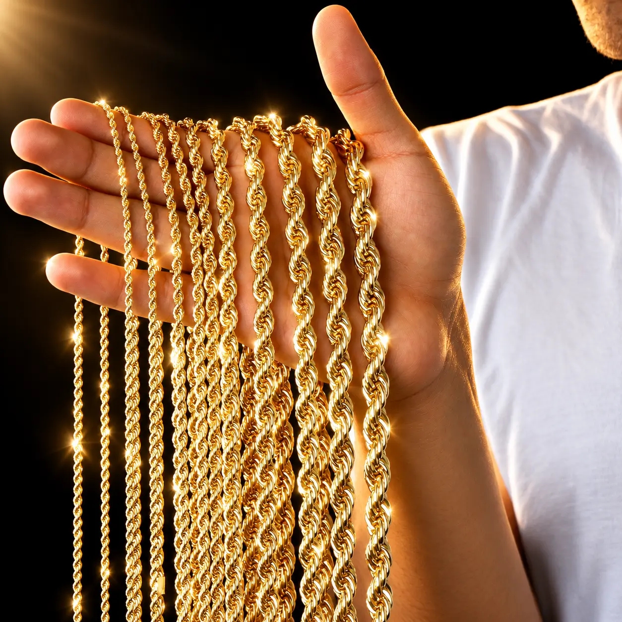 Gold-Plated Rope Chain Necklace Upgraded Shine, Faceted Cut | Sizes - 2mm, 3mm, 4mm, 5mm, 6mm, 7mm, 8mm, 9mm & 10mm 30" Inches Hip Hop Fashion Jewelry For Men's and Women's, Secure Lobster Clasp, Goldstone necklace