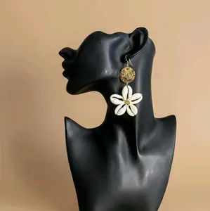 23/ FLOWER: : 100% Handmade Natural Sea Cowries Shells Statement Earrings with Gold Brass Metal good for all occasions, Hypoallergenic safe no Skin Irritation .