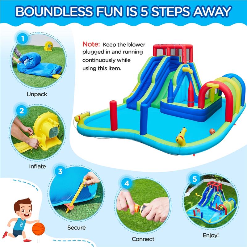 Yaheetech Inflatable Water Slide, Double Lane Water Slide, Combo W/ Storage Bag & 650W Blower, 2 Slides & 2 Pools & 2 Water Cannons & Tunnel & Basketball Hoop & Climbing Wall & Punching Bags & Ring Toss Game, For Kids Aged 3 To 10