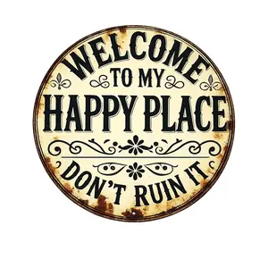 Wall Decor Metal Sign 8*8inch – “Welcome to My Happy Place” Round Vintage-Style Wall Art for Bedroom, Kitchen, Dining Room & Bar – Unique Multicolor Home & Office Gift Decorative Plaque Print Tin Lightweight