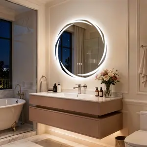 32” Circle Tempered Glass LED Bluetooth Bathroom Mirror w/ Double Speakers Dimming Wall Mirror