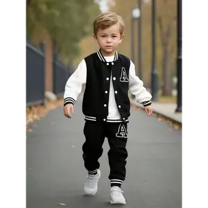 European American Baby Boy Autumn Winter Baseball Jacket with Letter A Print + Letter A Print Long Pants Two-Piece Set for Outdoor Casual Wear JQ326067