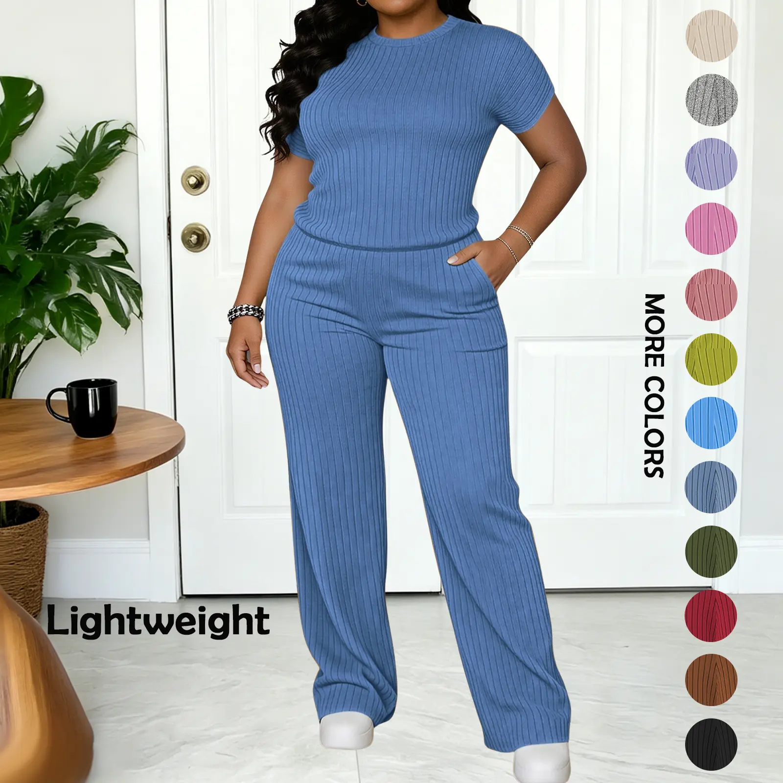 MOEENCN Women's 2-Piece Ribbed Knit Clothing Set, Everyday Work Loungewear, Crew Neck Top & Pull On Wide Leg Pants with Pockets, S/M/XL, Everyday Wear