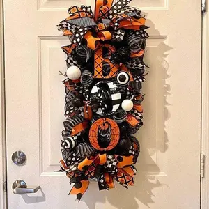 Halloween Wreath for Front Door, Halloween Sign Front Door Wreath, Pumpkin Skulls and Sign, Black and White Front Door Wreath Porch Decor, for Home Halloween Indoor Outdoor Decoration