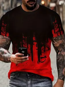 Men's Colorblock Printed Fitted T-Shirt Round Neck Short Sleeve, Summer Casual Fashion Streetwear, Sporty Daily Wear, Geometric Design