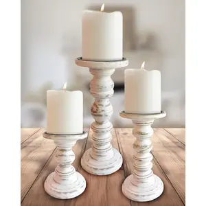 Large Candle Holders for Pillar Candles (3 Piece Set) Tall Rustic Wood Farmhouse Pillar Candlestick Stands - Fits 4 inch Wide Pillar Candles - Modern Candle Holder Decor (Antique White)