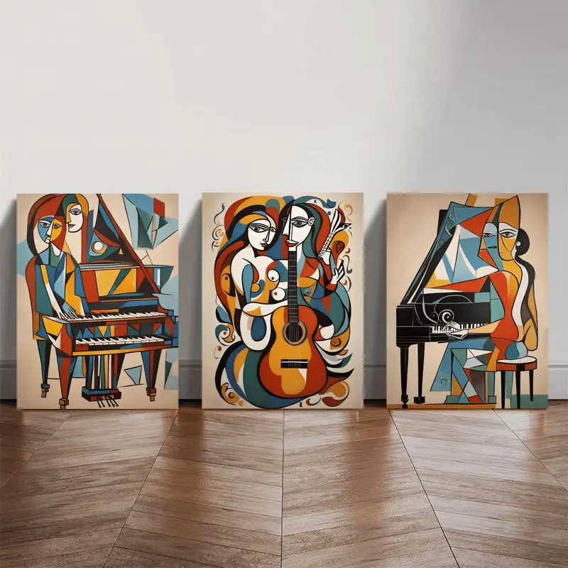 3 wooden framed canvas paintings, 3 Pablo Picasso artworks, Pablo Picasso musician canvas wall art poster print, vintage exhibition poster, surrealism art, modern wall decoration, for living room and bedroom home wall decoration, 30.48*40.64*1.52cm*3 piec