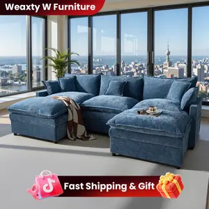 WEAXTY 108" U-Shaped Chenille Modular Sectional Cloud Couch with 2 Movable Ottoman, Comfy Deep Seat Couch Bed with 8 Pillows for Living Room, Bedroom&Aprt, 5-Seater Double Layer Couch