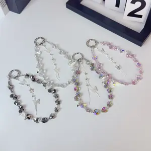 Light luxury butterfly tassel crystal mobile phone chain, colorful beaded pendant, portable wrist lanyard, bag keychain.
