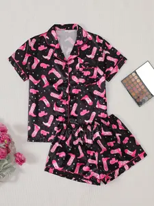 Women's All Over Print Shirt & Shorts Pajama, Western Cowboy Style Casual Comfy Short Sleeve Fitted Pocket Top & Shorts Set, Ladies Sleepwear & Loungewear for All Seasons