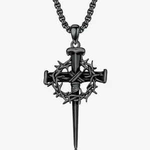 Three Nail Cross Necklace Crown Of Thorn Cross Pendant Three Nail Cross Christian Jewelry Gift For Men Women