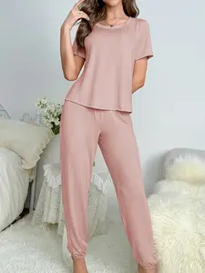 FEITAI Women's Comfy Solid Lounge Set, Casual Short Sleeve Top & Fake Drawstring Elastic Long Pants, Women's Loungewear & Sleepwear