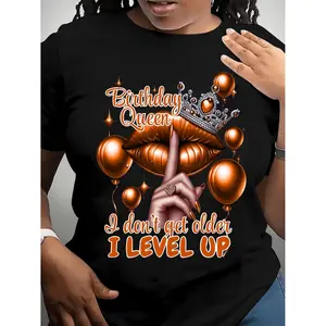 Queen's Birthday Queen Pattern T-shirt, polyester blend, Casual round-neck T-shirt with balloon and lip print, regular length, knitted fabric, suitable for all seasons, Allseason Top| Humorous design | Medium elasticity