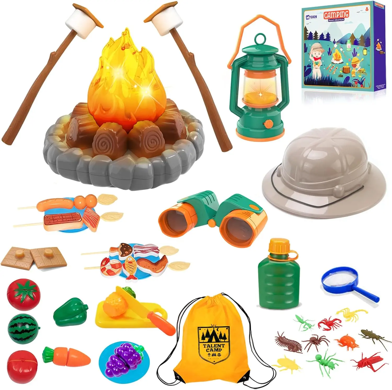 Camping Toys for Kids, Pretend Campfire, Lantern, Safari Hat, Binoculars, Bottle, Toy Food, S'Mores, Toddler Camping Play Set Indoor Outdoor Toys for Kids 3-5 and Up, Boys Girls GiftGift.