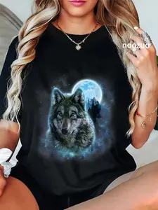100% Cotton Unisex T-Shirt, Grey Wolf Hunting Ground, Icy Moon, Forest, Galaxy T-Shirt