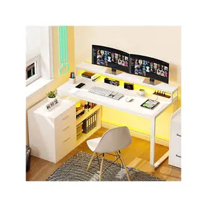 outstanding quality  55 L Shaped Power Outlets LED Lights File Cabinet GamingCorner Computer 3 Drawers 2 Storage Shees Home Office Desk With Monitor Stand