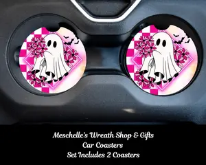 Ghost Pink Flower Car Coasters, 2 Pack Size, Neoprene/Ceramic Material, Sublimated Print, Easy Installation, Car Interior Decoration Accessory to Protect Cups