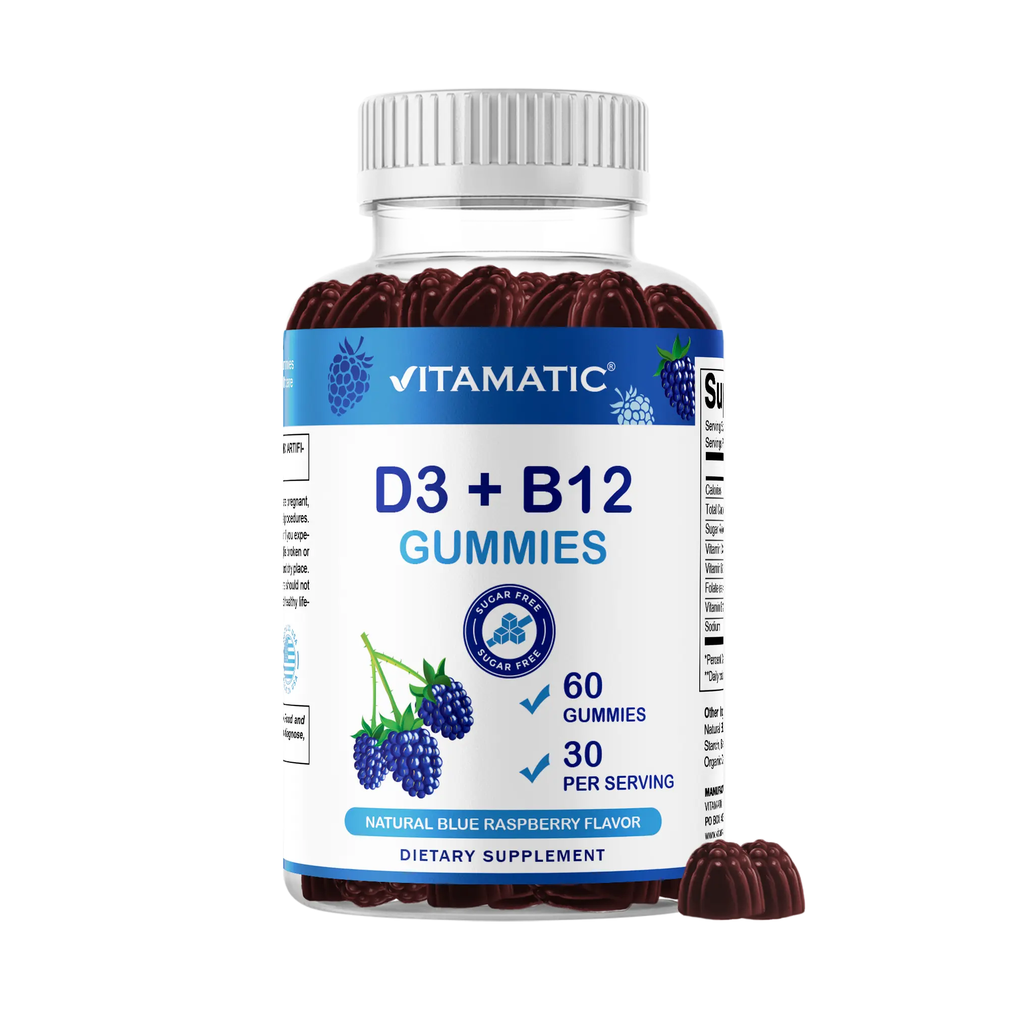 Vitamatic Sugar-Free Dairy-Free Chewable Vitamin D3+B12 Jelly Gummies, with Folate, Vitamin B6, Natural Blue Raspberry Flavor, 60 Count, Metabolism Support, USA-Made Healthcare Supplement