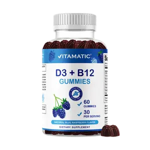 Vitamatic Dietary Vitamin D3 + B12 Jelly Gummies, with Folate, Vitamin B6, Natural Blue Raspberry Flavor, 60 Count, Metabolism Support, Made in the USA