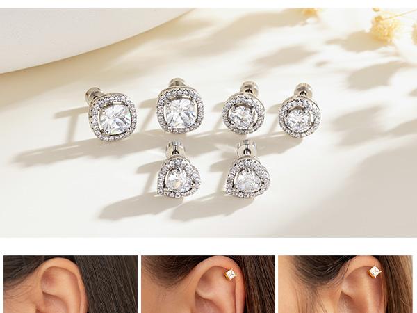 Turandoss 6 Pairs Stud Earrings Set for Women - 925 Sterling Silver Gold Plated CZ Flat Back Earrings