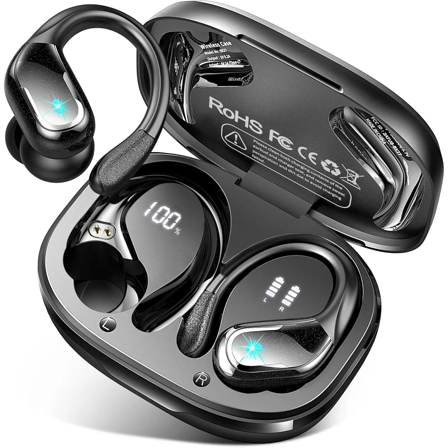 F-HPS16 In-Ear Wireless Headset, 75H Playtime Bluetooth 5.4 Audio Device with ENC Noise Cancelling Mics, Deep Bass, IP7 Waterproof Earhooks, Chargeable Connection Support for Sport, Workout, Android & iOS Phones