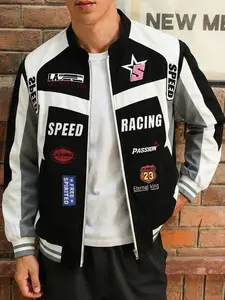 Men's Street Style Racing Element Jacket, Soft Comfortable Fabric, Warm Fitted Long Sleeve, Fashion Trendy Retro Youth Holiday Outerwear