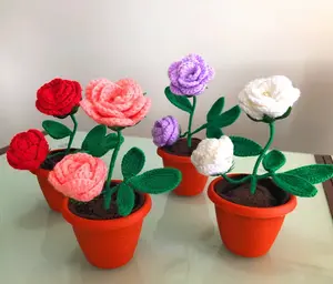Handmade Crochet Rose Flower Pot - Knitted Yarn Floral Centerpiece for Mother’s Day, Home Decor & Valentine’s Gift