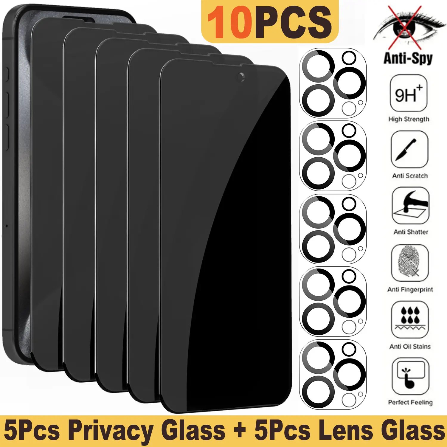 Privacy Screen Protectors & Camera Lens Protectors for iPhone Duo 18 Pro Max 18 17 16 15 14 13 12 11 9H Anti Spy Tempered Glass Film 5Pcs Privacy Glass + 5Pcs Lens Glass