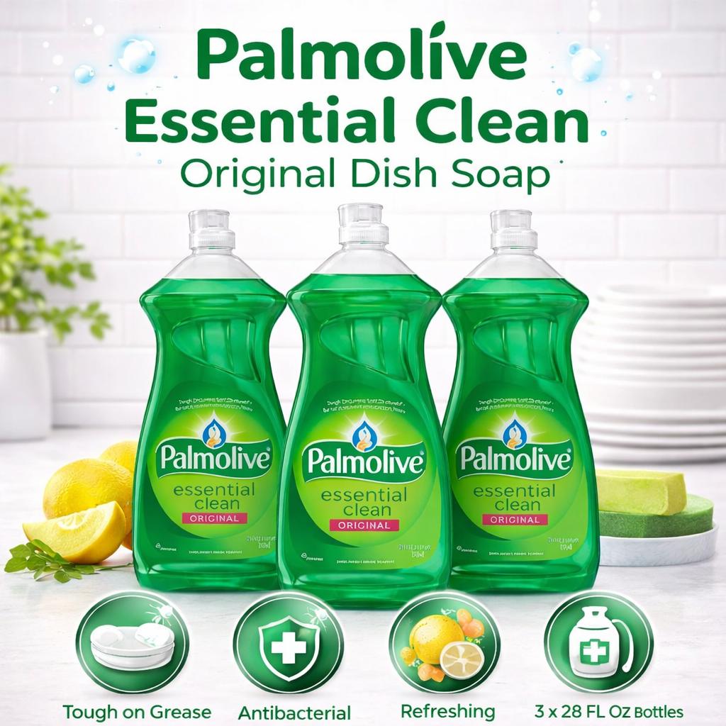Palmolive Essential Clean Dish Soap Original Scent 28 oz (Pack of 3) – Antibacterial Dishwashing Liquid, Tough on Grease, Kitchen Cleaning Soap for Dishes & Cookware