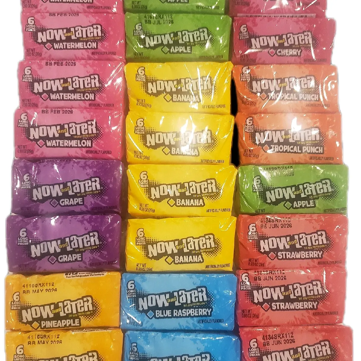 Now and Later Low Fat Fruit Candy Bar Variety Pack - Ferrera, 144 Pieces, 24 Chewy Individual Serving Packs (Strawberry, Watermelon, Grape, Pineapple, Banana Bonbons, Cherry), Party Snacks