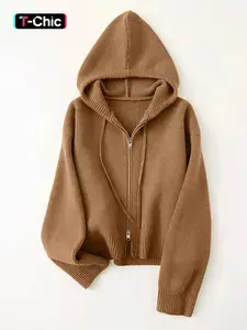 Women's Elegant Hooded Long Sleeve Knit Cardigan, Winter Fashion Soft Comfortable Adjustable Drawstring Sweater Top, New Arrival Casual Chic Design Knitwear, Outerwear