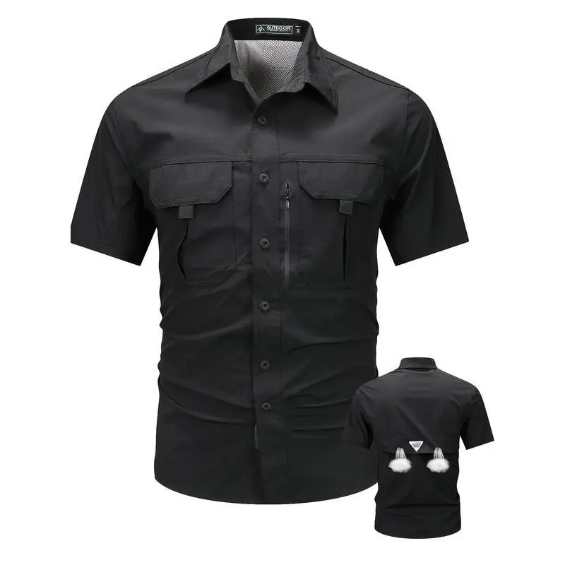 2025Breathable Stretch Nylon 92% Spandex 8% Blend Short Sleeve Shirt - Men'S Summer Casual Cargo, Lapel Collar, Single Breasted, Woven Menswear Tops 2025Breathable Stretch Nylon 92% Spandex 8% Blend Short Sleeve Shirt - Men'S Summer Casual Cargo, Lapel Collar, Single Breasted, Woven Menswear Tops