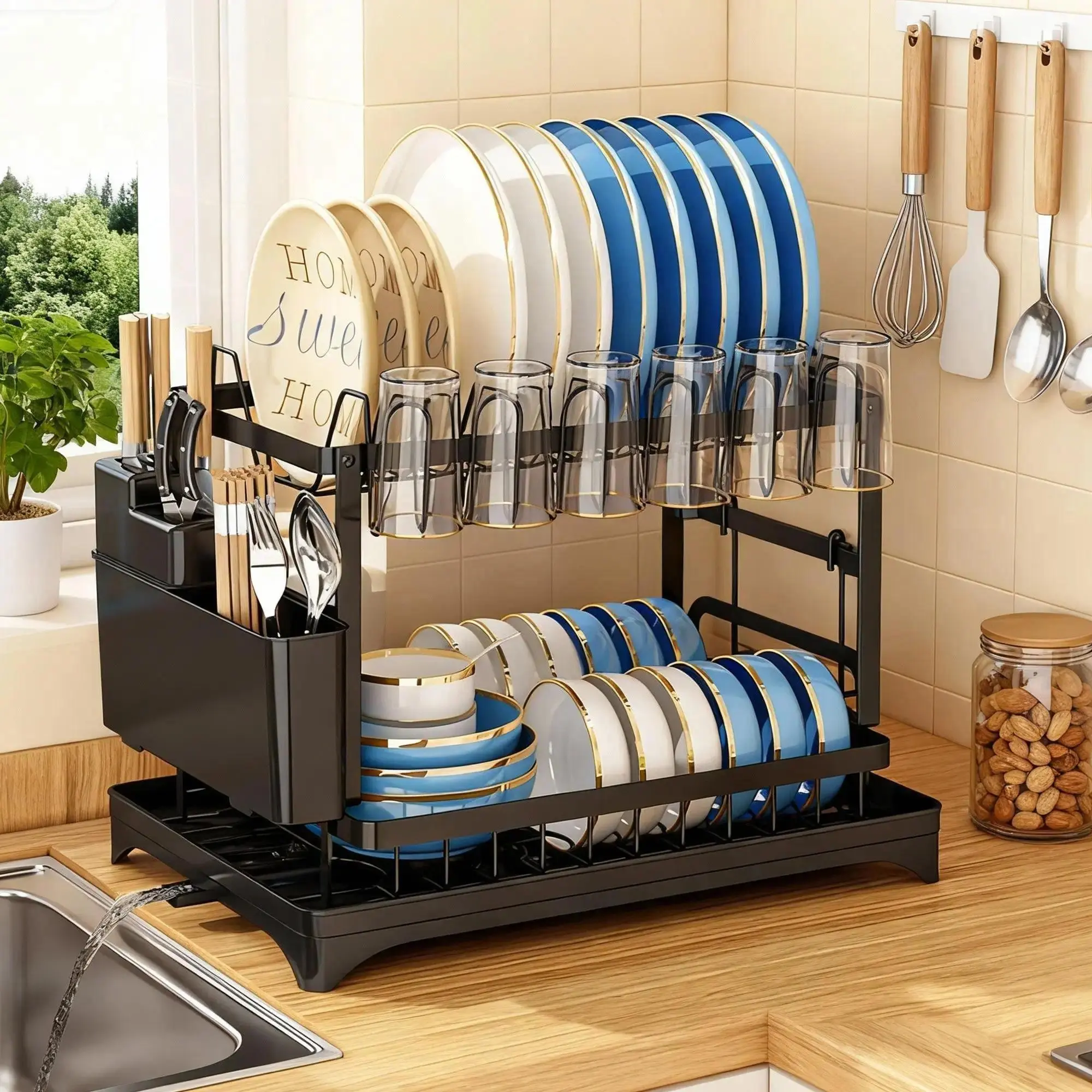 Bepatio Double-Layer Kitchen Countertop Drain Rack, Kitchenware, Metal Material, with Drain Board, Holds Tableware, Utensils, Dishes, Carbon Steel, Kitchen Storage Organizer Rack