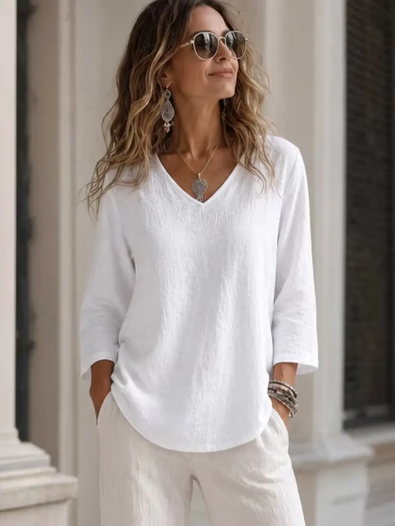 New Women's Spring/Summer Top: Solid-color, versatile, loose-fit V-neck top with three-quarter sleeves—perfect for casual, everyday, or workwear styling.