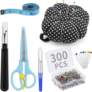 300 Pieces Multicolor Sewing Pins - Pin Cushion 32mm Straight Quilting Pins Including Sewing Seam Ripper Scissors Soft Tape Measure for Dressmaking Jewelry Decoration