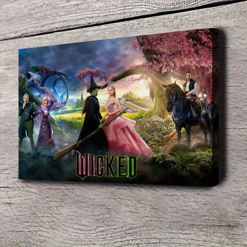 1 Piece WICKED Movie Canvas Art Poster with Frame - Vibrant Fairy Tale Scene Including Witch, Elphaba, and Glinda, Gift for Friends, Family, Home Decor Canvas Print, Modern Art Design, Wrapped Canvas Style, Suitable for Hallowe