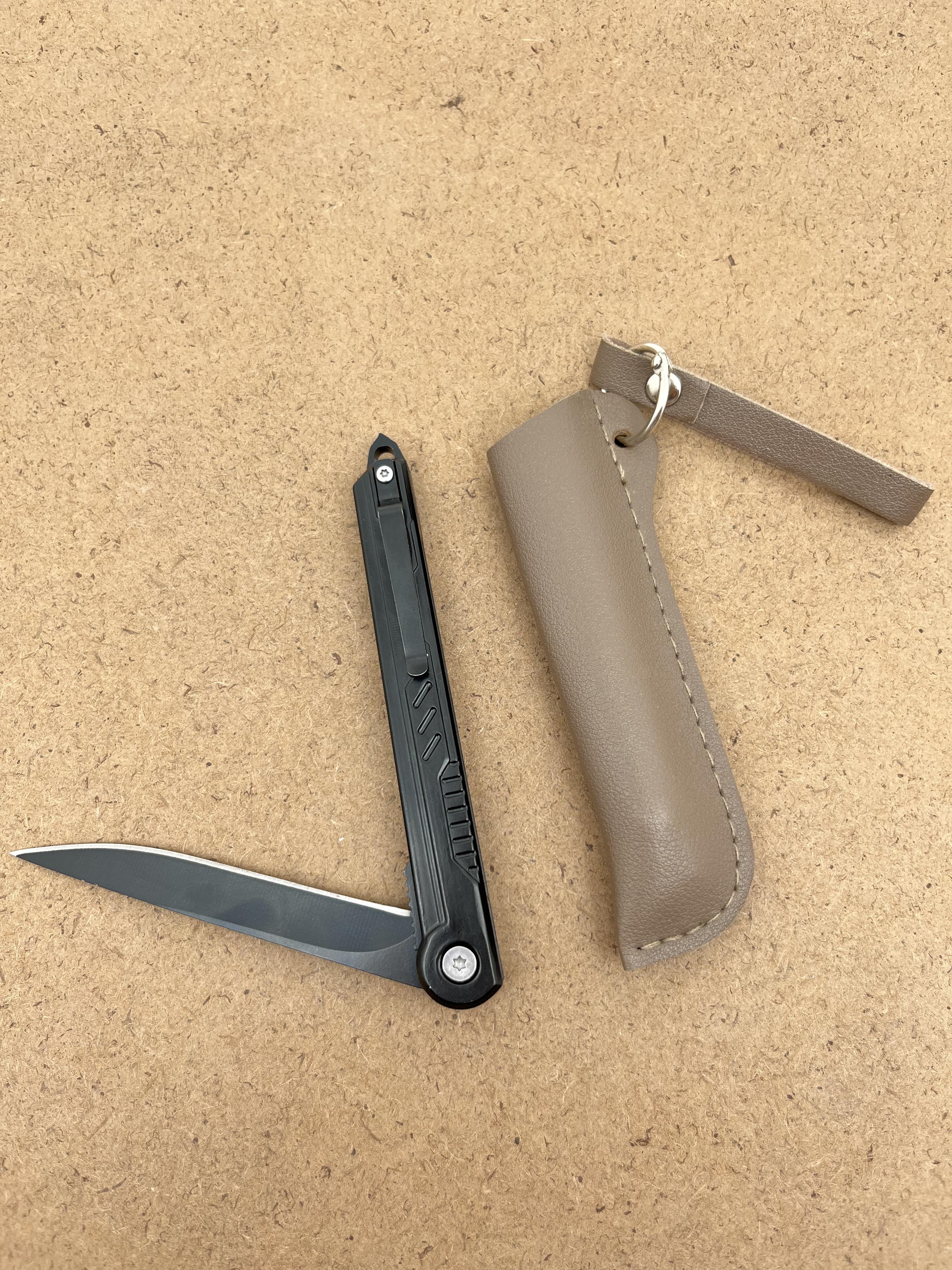 Slim folding knife with leather sheath, EDC tool, outdoor knife, suitable for camping, kitchen, peeling