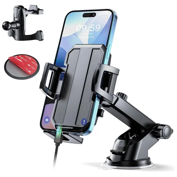 3-in-1 Car Phone Holder Mount with Strong Suction Cup – Dashboard, Air Vent & Windshield Phone Mount for iPhone 16/15/14/13, Samsung Galaxy & All Android Smartphones – Black
